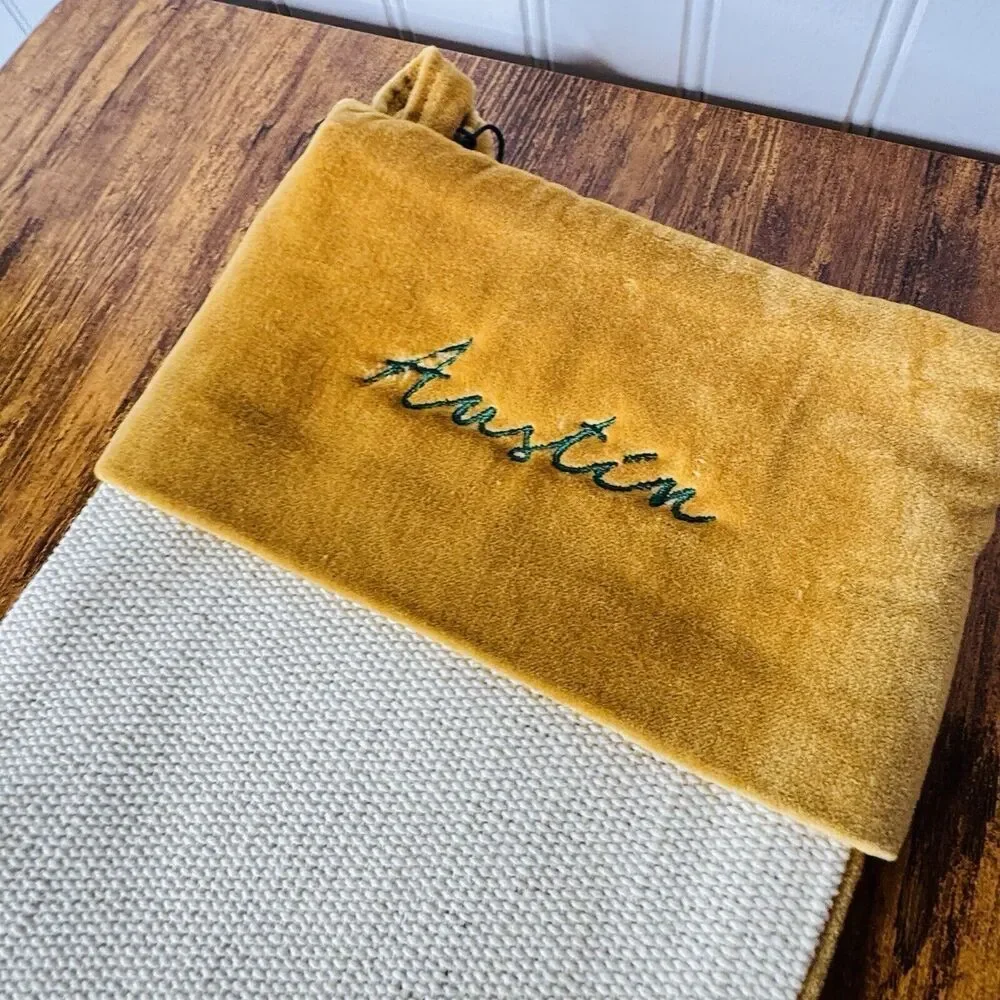 West Elm AUSTIN Classic Cotton Jute Velvet Ivory Gold Christmas Stocking NWOT